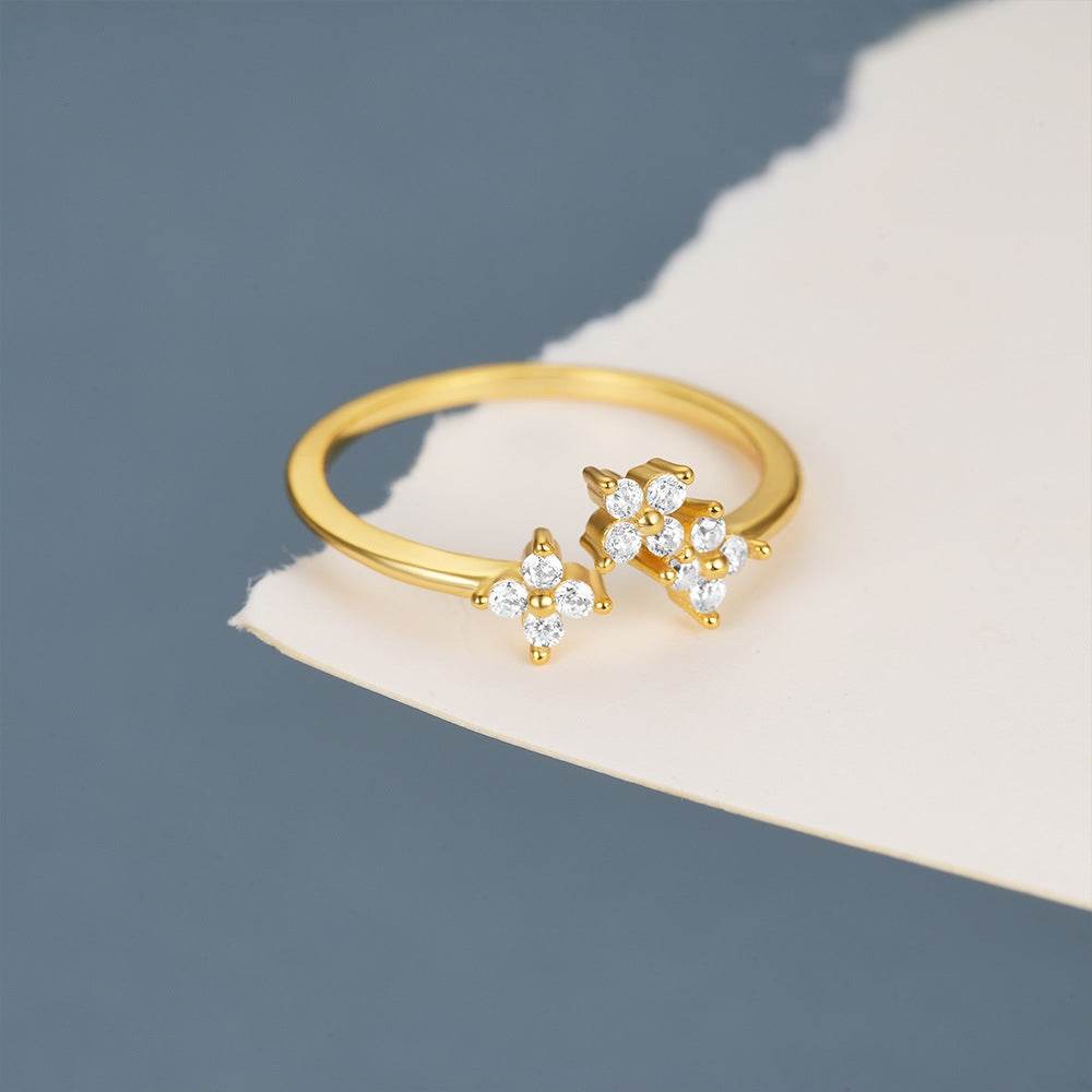 S925 sterling silver diamond encrusted petal daily matching open ring - MOWTE