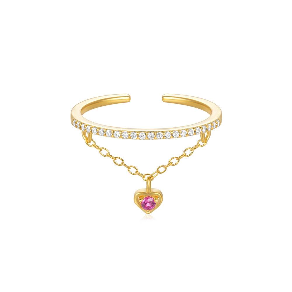 S925 pure silver single row diamond chain tassel heart-shaped diamond inlaid open ring - MOWTE