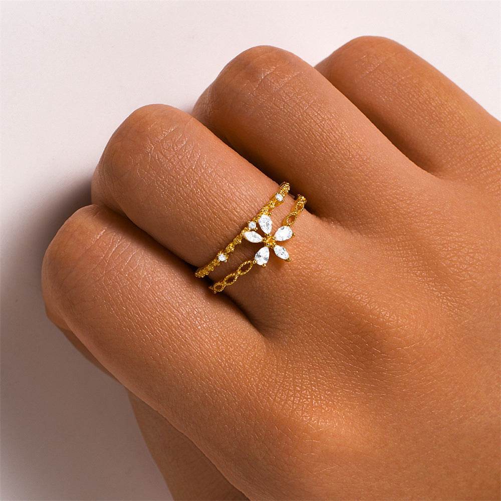 S925 pure silver flower diamond inlaid luxurious stacked open ring - MOWTE