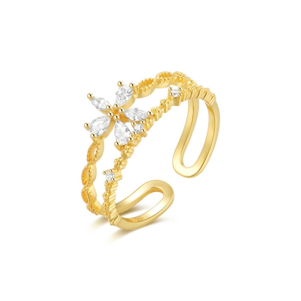 S925 pure silver flower diamond inlaid luxurious stacked open ring - MOWTE