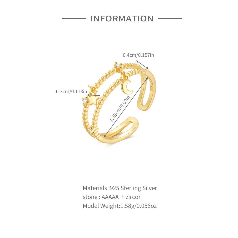 S925 pure silver moon diamond inlaid luxurious stacked open ring - MOWTE