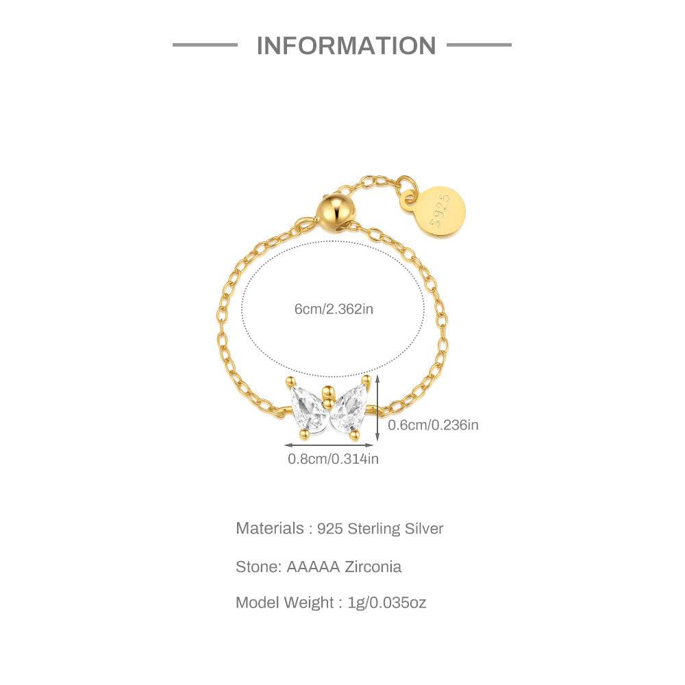 S925 sterling silver droplet diamond super sparkling butterfly chain ring - MOWTE