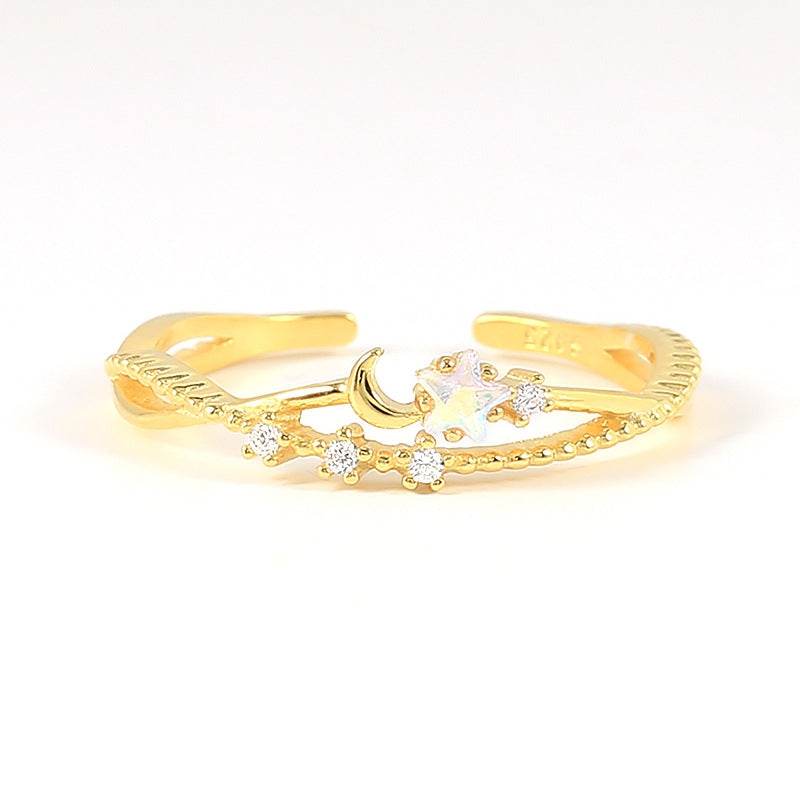S925 Solid Silver Geometric Moon Compact Diamond Sparkling Open Ring - MOWTE