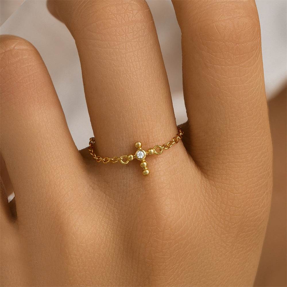 S925 pure silver luxury single row diamond cross adjustable finger ring - MOWTE
