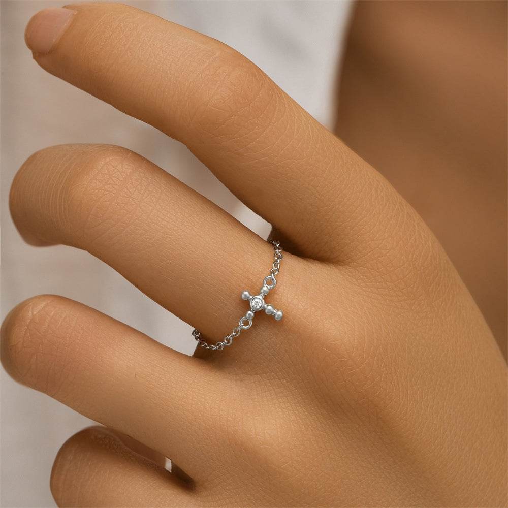 S925 pure silver luxury single row diamond cross adjustable finger ring - MOWTE