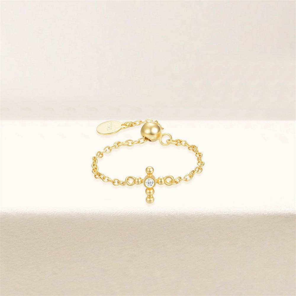 S925 pure silver luxury single row diamond cross adjustable finger ring - MOWTE