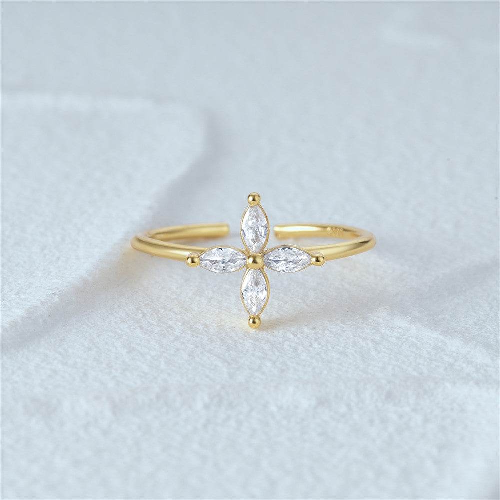 S925 silver gold-plated zircon flower shaped opening women's ring - MOWTE