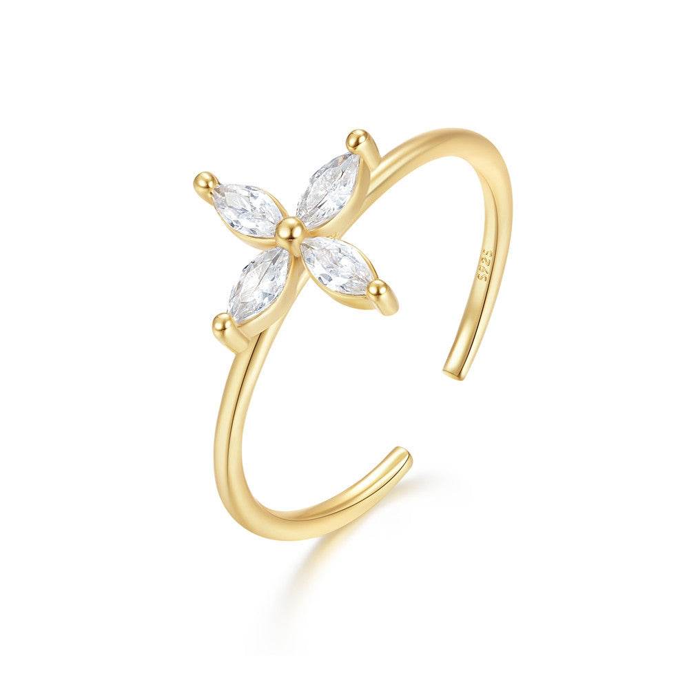 S925 silver gold-plated zircon flower shaped opening women's ring - MOWTE
