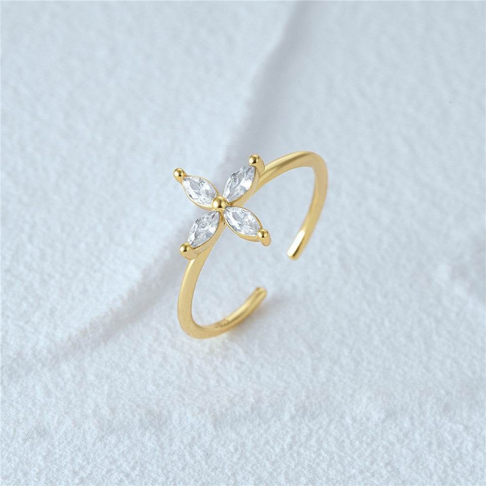 S925 silver gold-plated zircon flower shaped opening women's ring - MOWTE