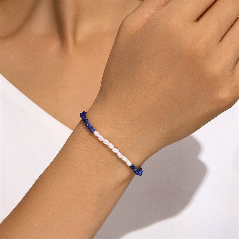 S925 sterling silver pearl blue gold stone retro bracelet - MOWTE
