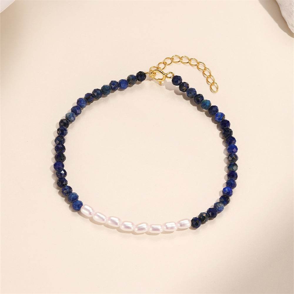 S925 sterling silver pearl blue gold stone retro bracelet - MOWTE