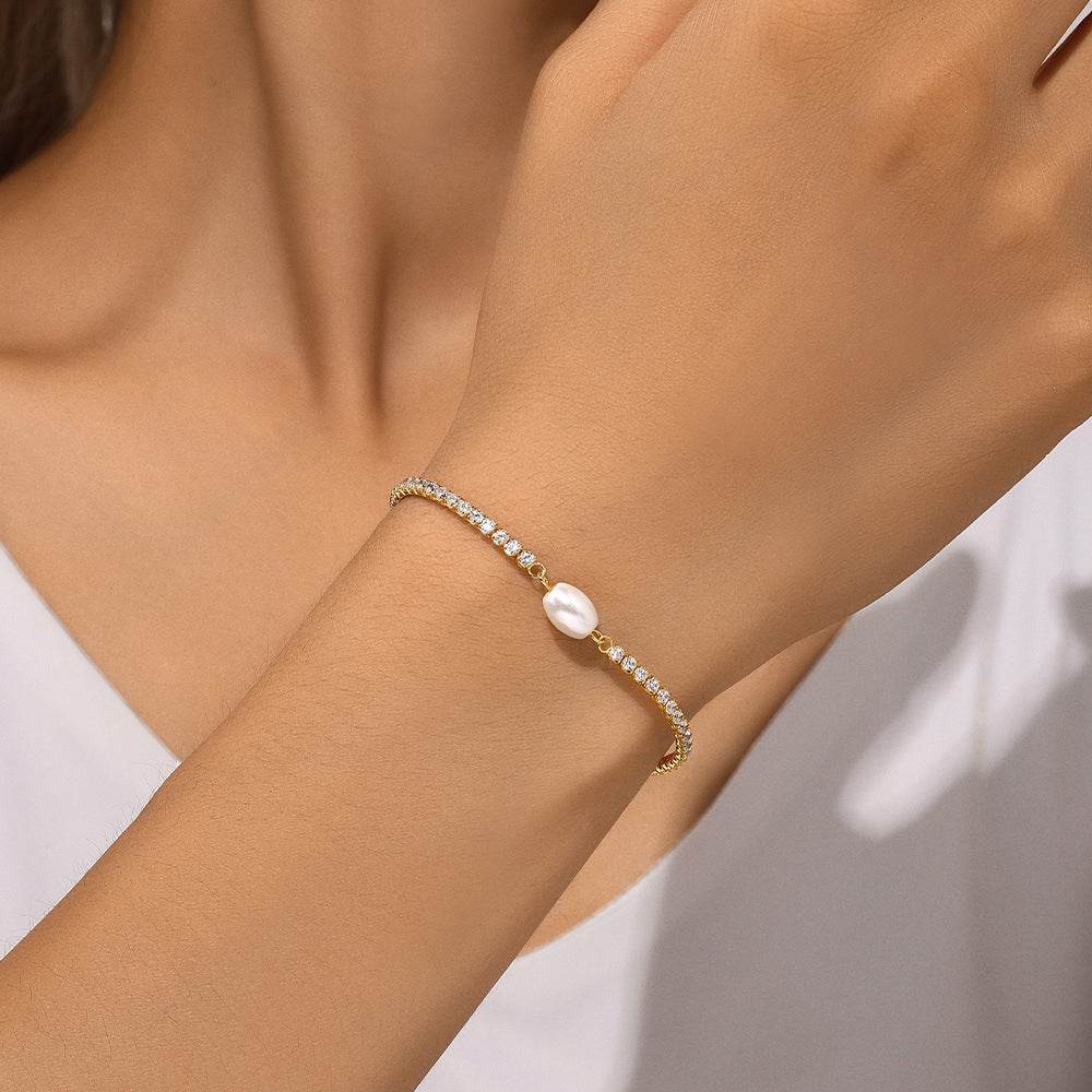 S925 pure silver high-end chain inlaid with diamonds and pearls light luxury bracelet - MOWTE