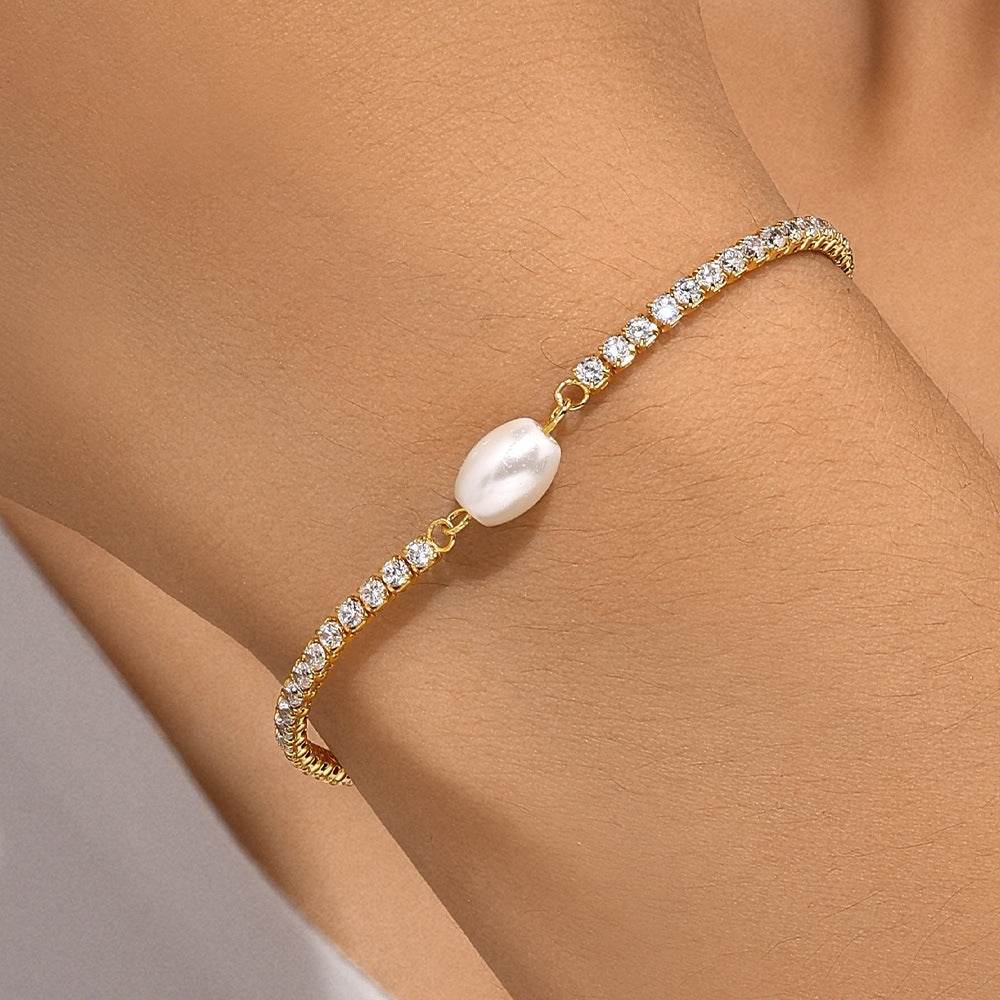 S925 pure silver high-end chain inlaid with diamonds and pearls light luxury bracelet - MOWTE