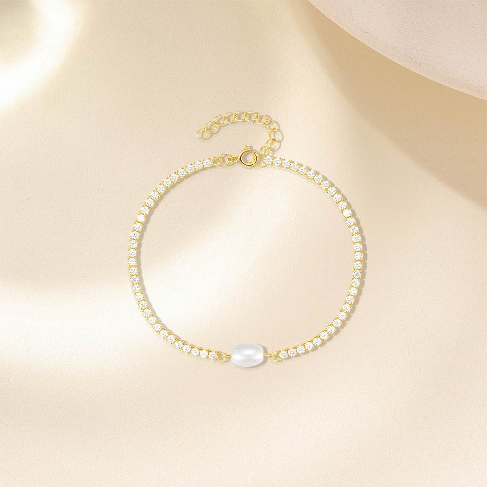 S925 pure silver high-end chain inlaid with diamonds and pearls light luxury bracelet - MOWTE