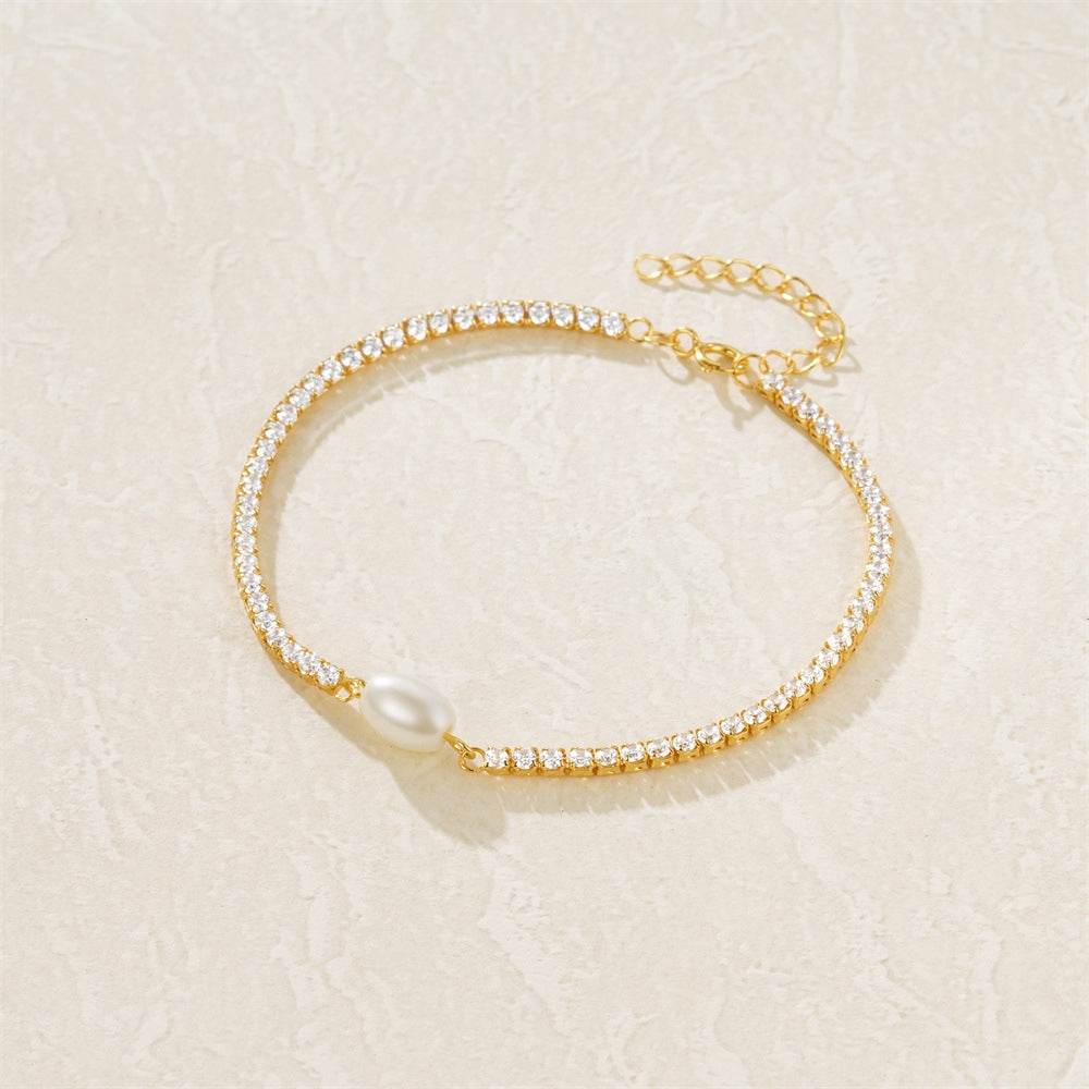 S925 pure silver high-end chain inlaid with diamonds and pearls light luxury bracelet - MOWTE