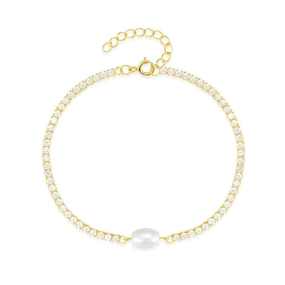 S925 pure silver high-end chain inlaid with diamonds and pearls light luxury bracelet - MOWTE