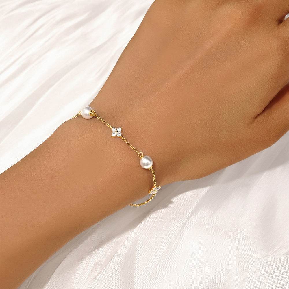S925 sterling silver leaf grass pearl ins fashion bracelet - MOWTE
