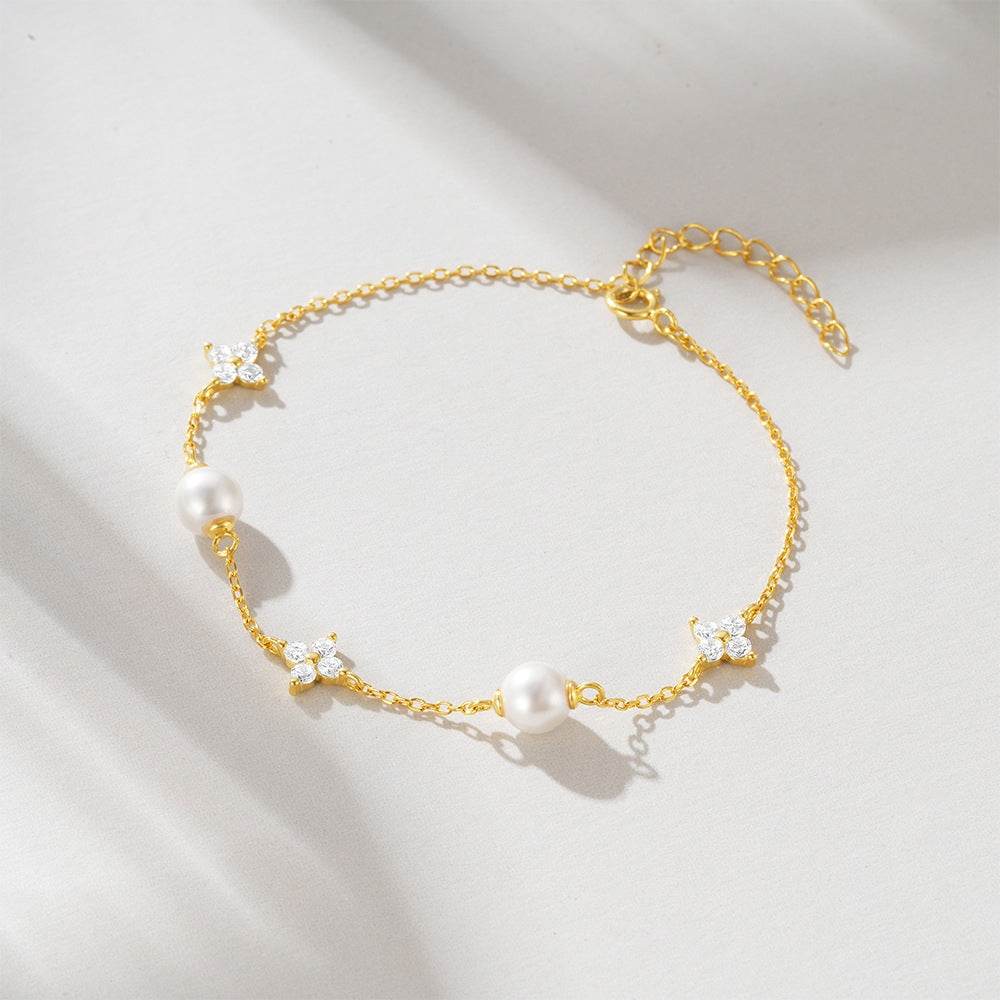 S925 sterling silver leaf grass pearl ins fashion bracelet - MOWTE