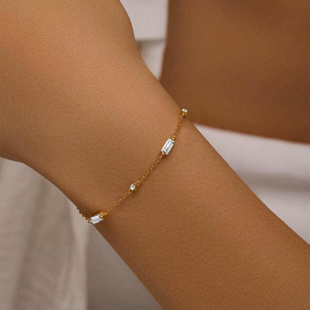 S925 sterling silver square inlaid with diamonds layered for daily wear paired with a women's chain - MOWTE