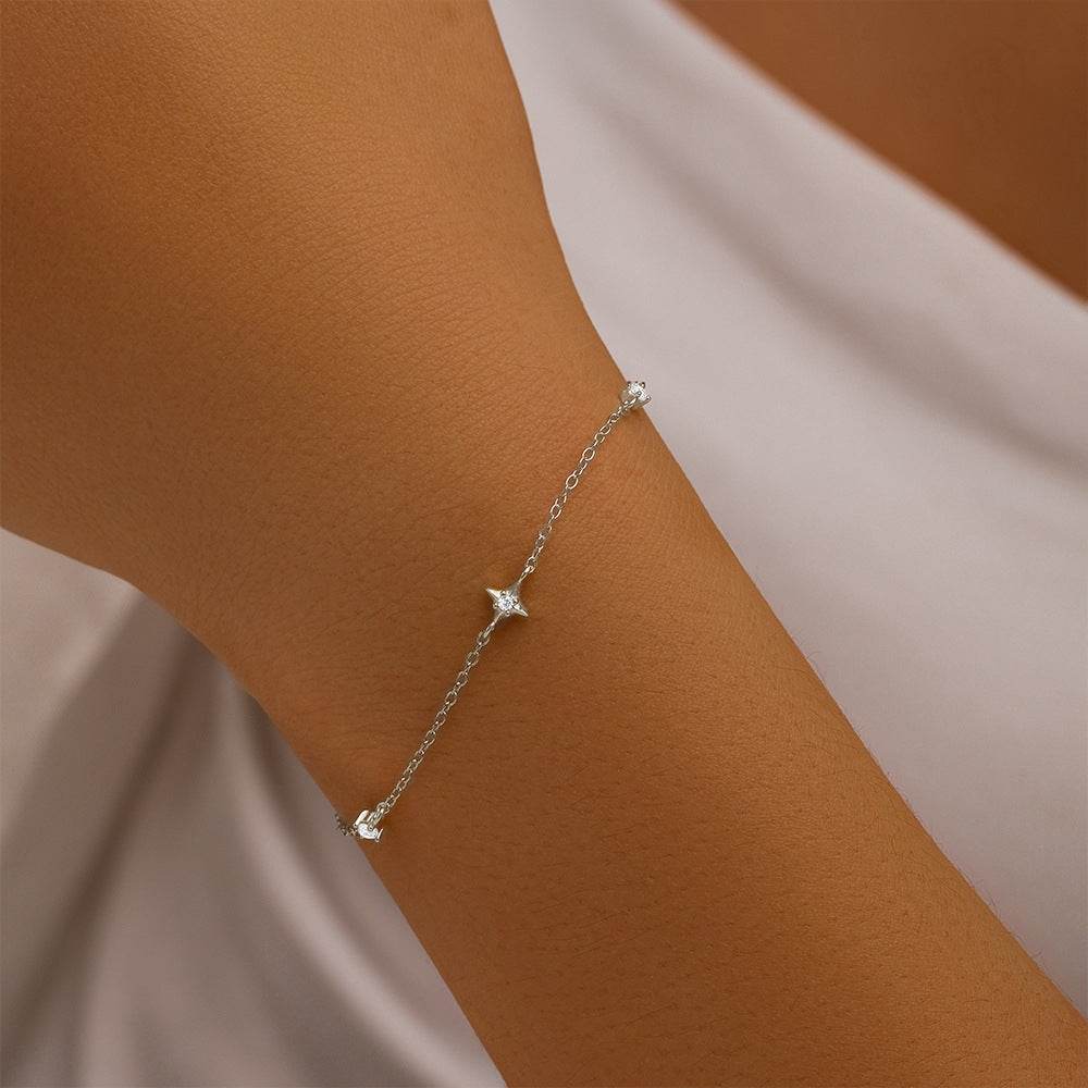 S925 sterling silver four pointed star set with diamonds layered for daily wear bracer - MOWTE