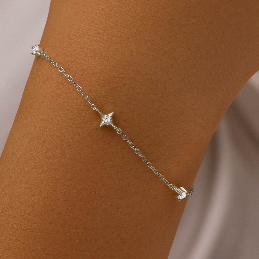 S925 sterling silver four pointed star set with diamonds layered for daily wear bracer - MOWTE