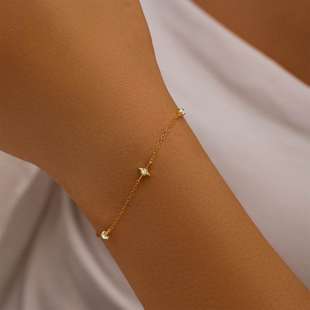 S925 sterling silver four pointed star set with diamonds layered for daily wear bracer - MOWTE