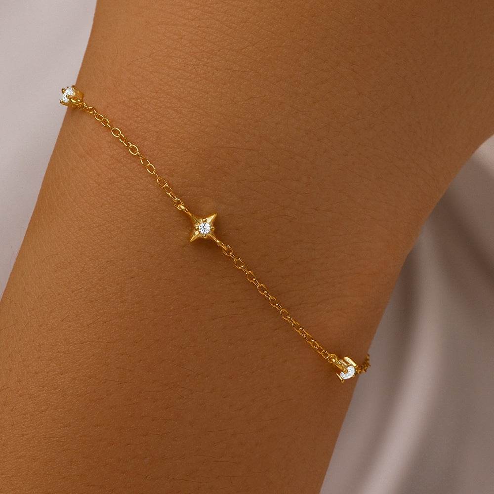 S925 sterling silver four pointed star set with diamonds layered for daily wear bracer - MOWTE