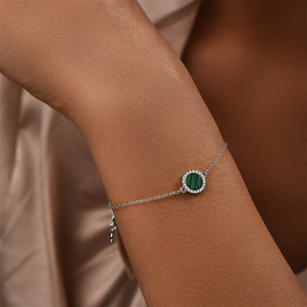 S925 sterling silver classic round peacock stone diamond set versatile bracelet - MOWTE