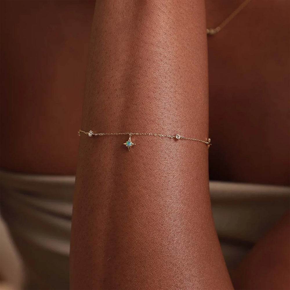 S925 pure silver four pointed star four pointed star diamond inlaid opal Australian treasure women's layered bracelet - MOWTE