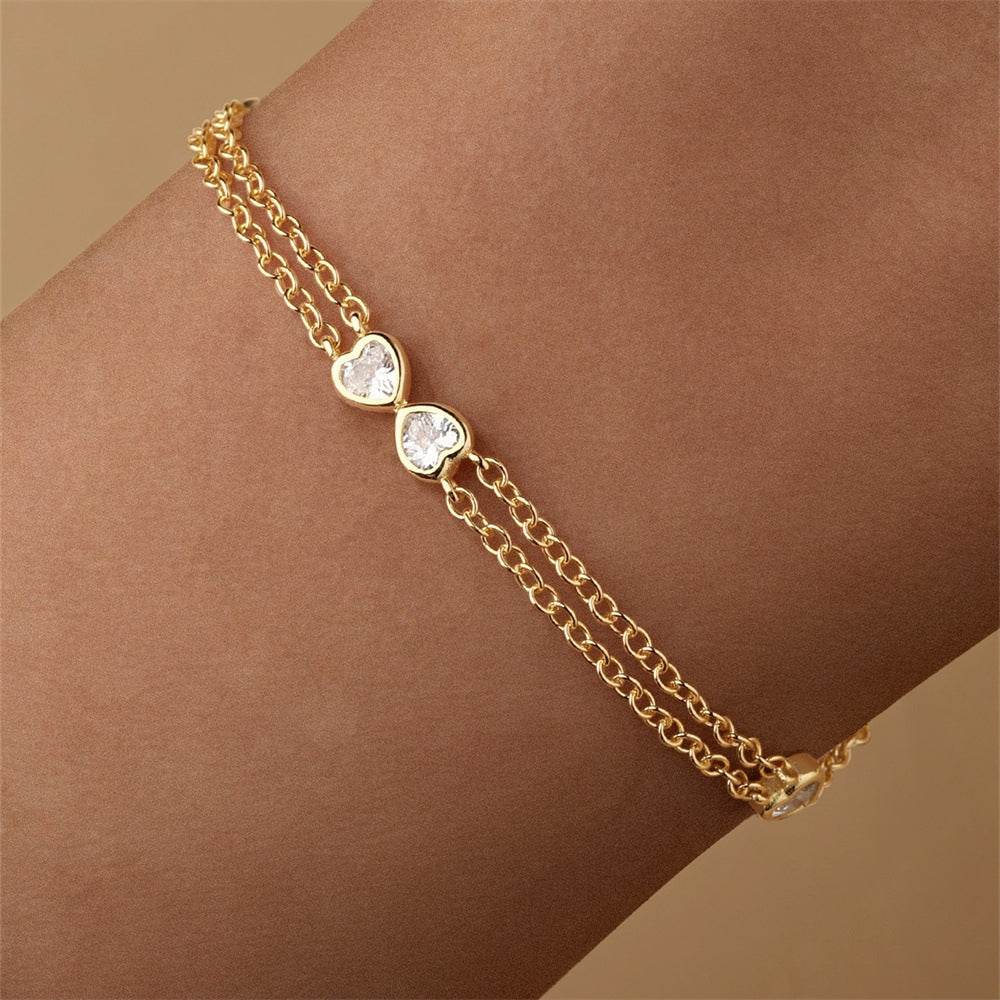 S925 pure silver heart-shaped zircon bow double layered bracelet - MOWTE
