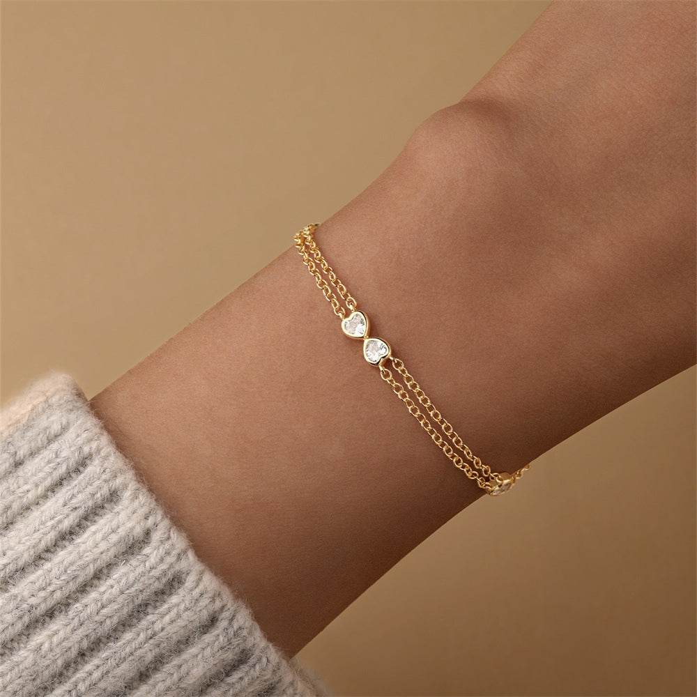 S925 pure silver heart-shaped zircon bow double layered bracelet - MOWTE