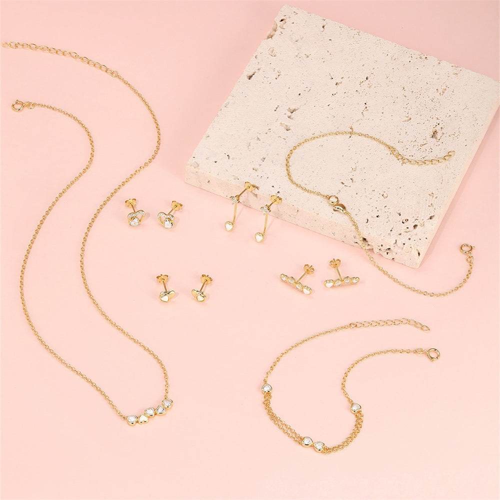 S925 pure silver heart-shaped zircon bow double layered bracelet - MOWTE