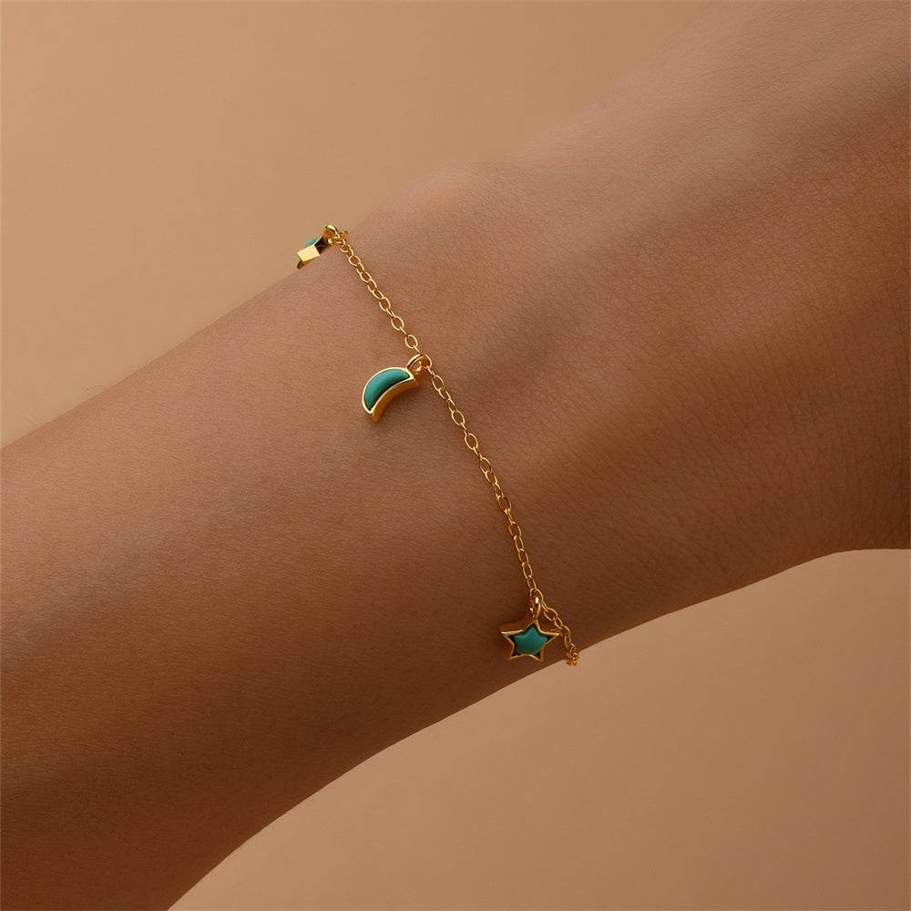 S925 sterling silver geometric star shaped moon mixed bracelet women's turquoise - MOWTE