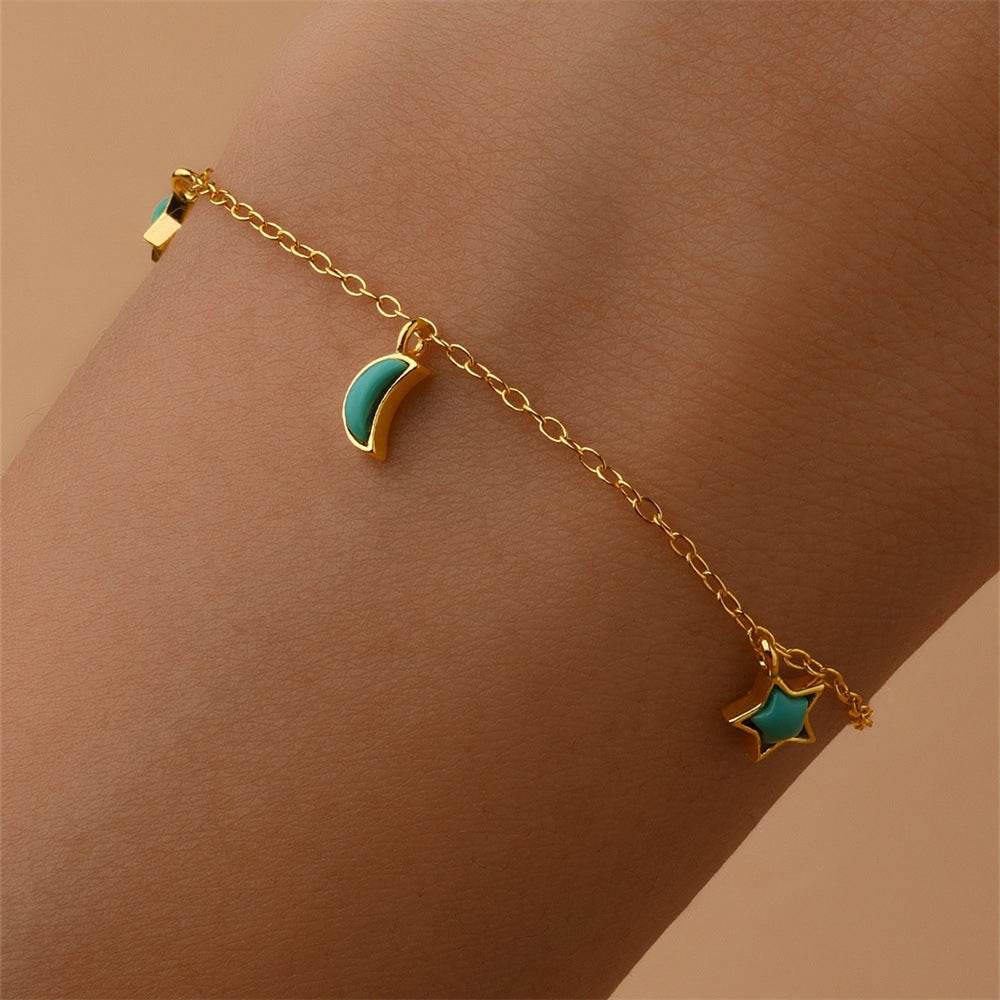 S925 sterling silver geometric star shaped moon mixed bracelet women's turquoise - MOWTE