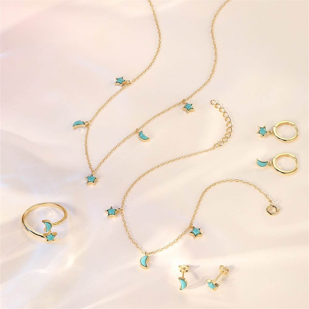 S925 sterling silver geometric star shaped moon mixed bracelet women's turquoise - MOWTE