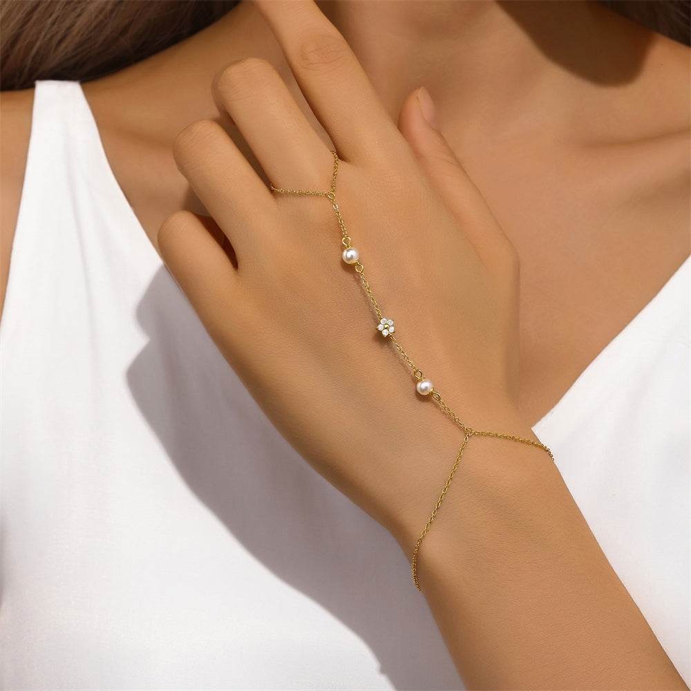 S925 sterling silver women's ring chain five petal flower forest pearl flower bracelet multi-layer stacked bracelet+ring - MOWTE