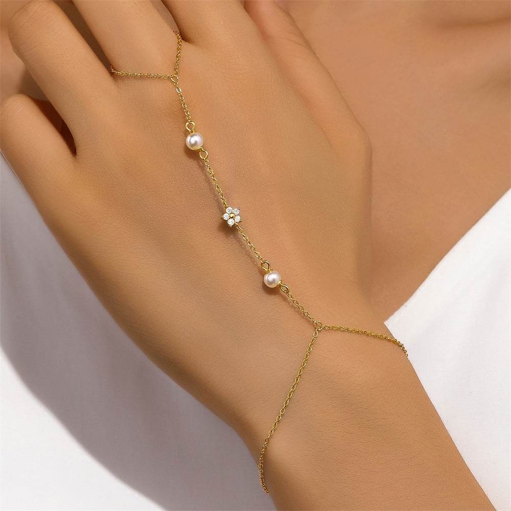 S925 sterling silver women's ring chain five petal flower forest pearl flower bracelet multi-layer stacked bracelet+ring - MOWTE