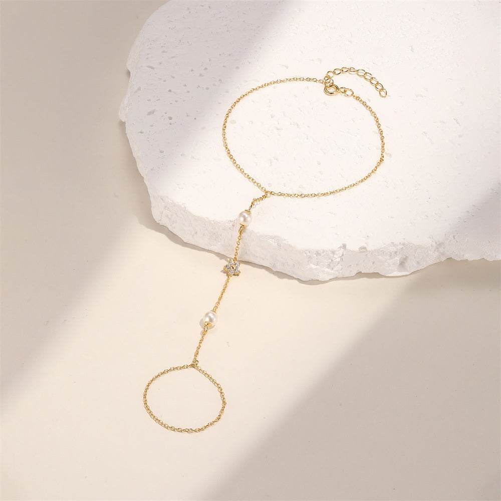 S925 sterling silver women's ring chain five petal flower forest pearl flower bracelet multi-layer stacked bracelet+ring - MOWTE