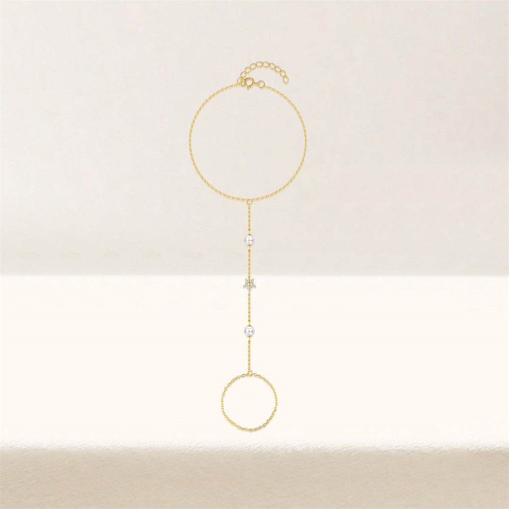 S925 sterling silver women's ring chain five petal flower forest pearl flower bracelet multi-layer stacked bracelet+ring - MOWTE