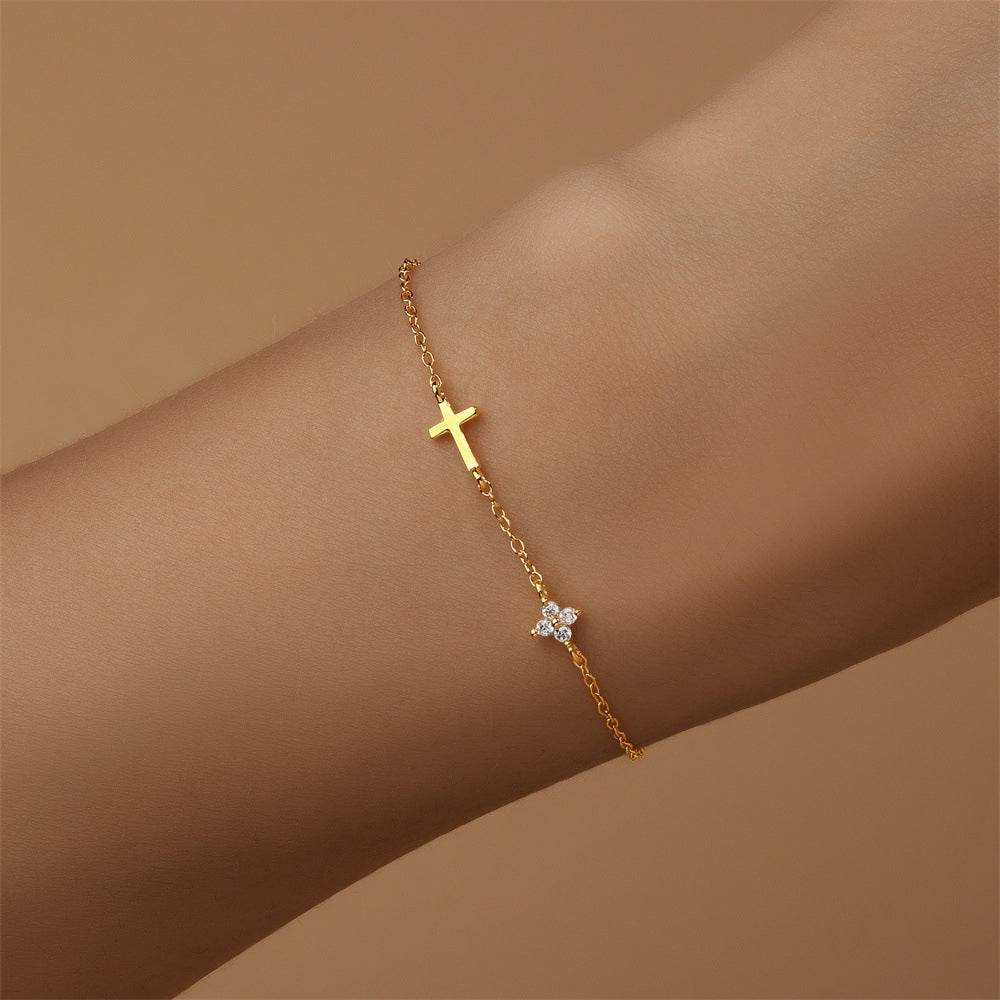 Commuting simple outfit s925 pure silver metal smooth cross zircon splicing four petal flower bracelet - MOWTE