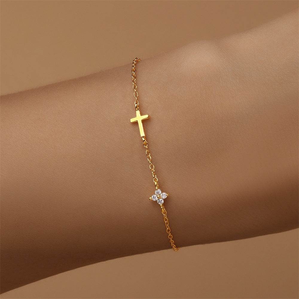 Commuting simple outfit s925 pure silver metal smooth cross zircon splicing four petal flower bracelet - MOWTE