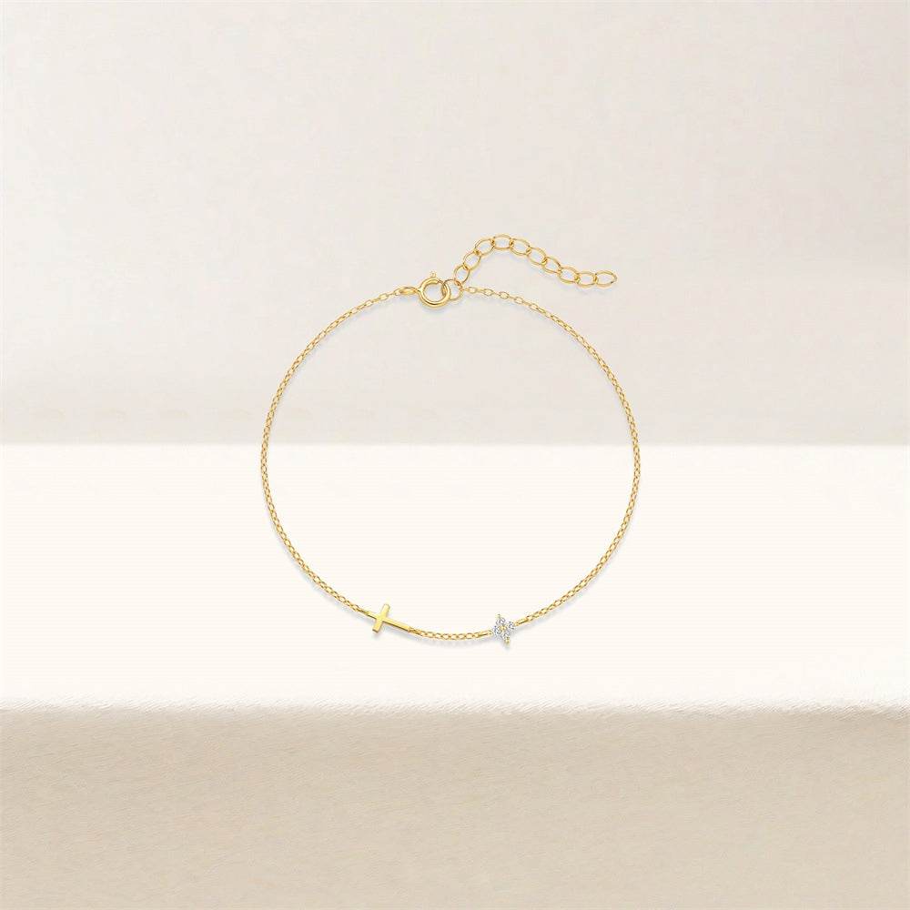 Commuting simple outfit s925 pure silver metal smooth cross zircon splicing four petal flower bracelet - MOWTE