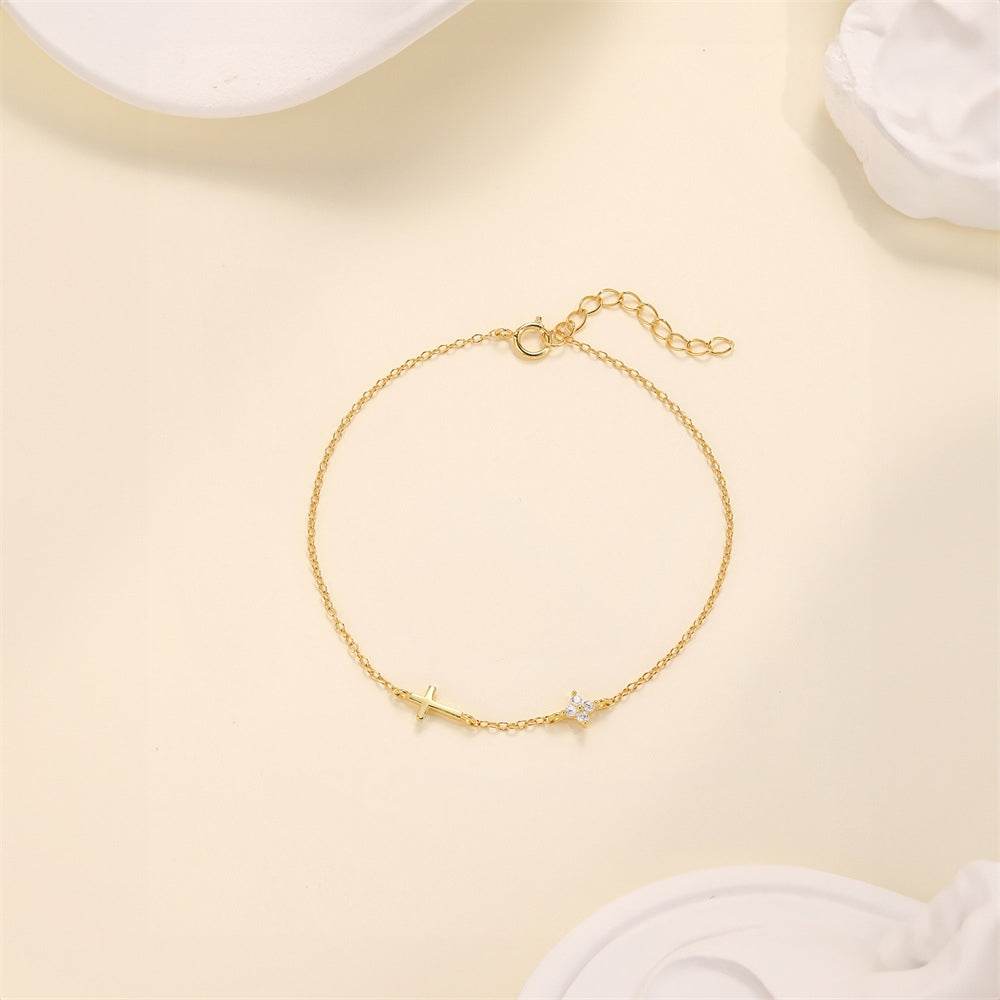 Commuting simple outfit s925 pure silver metal smooth cross zircon splicing four petal flower bracelet - MOWTE