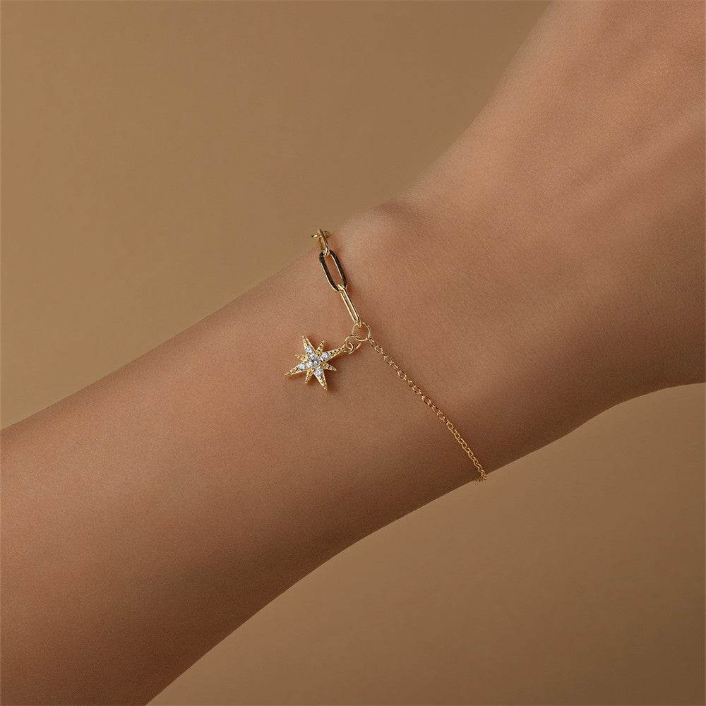 S925 sterling silver paperclip chain octagonal star diamond pendant versatile fashion bracelet spliced chain - MOWTE