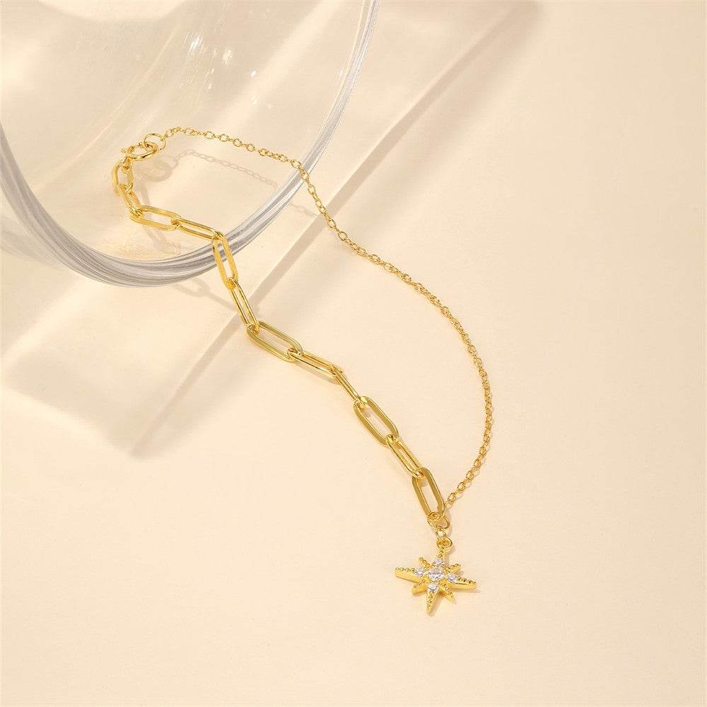 S925 sterling silver paperclip chain octagonal star diamond pendant versatile fashion bracelet spliced chain - MOWTE
