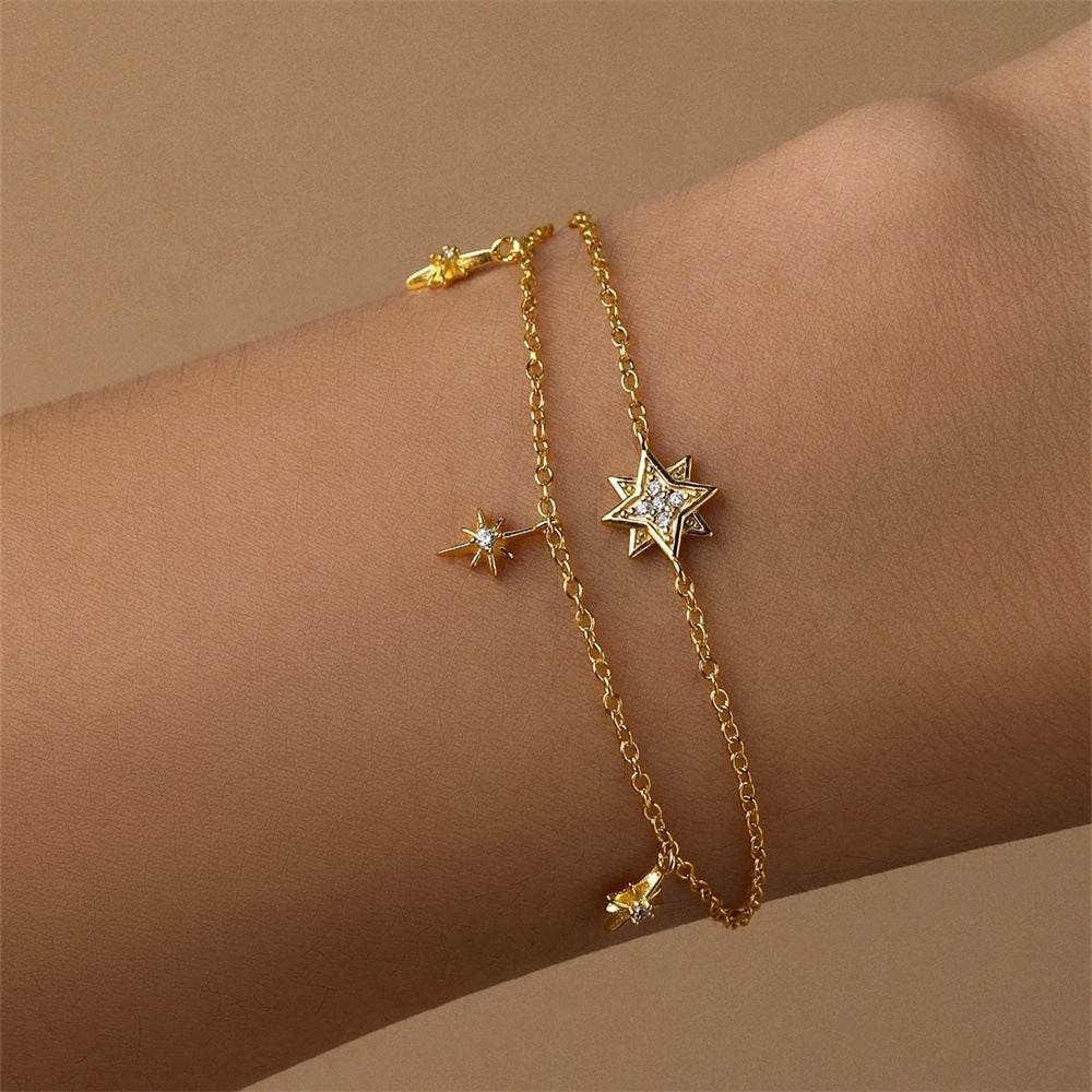 S925 pure silver daily wear geometric octagonal star diamond double-layer bracelet - MOWTE