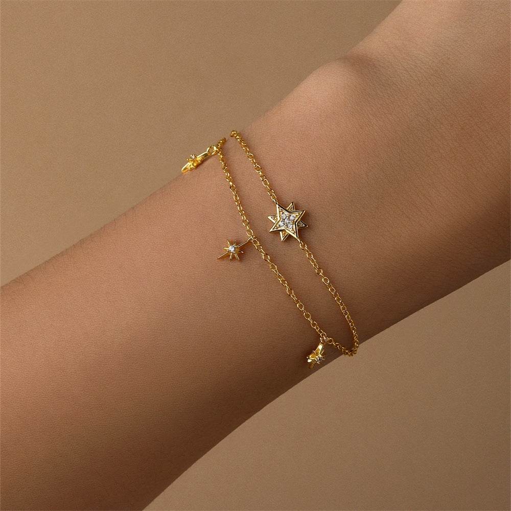 S925 pure silver daily wear geometric octagonal star diamond double-layer bracelet - MOWTE