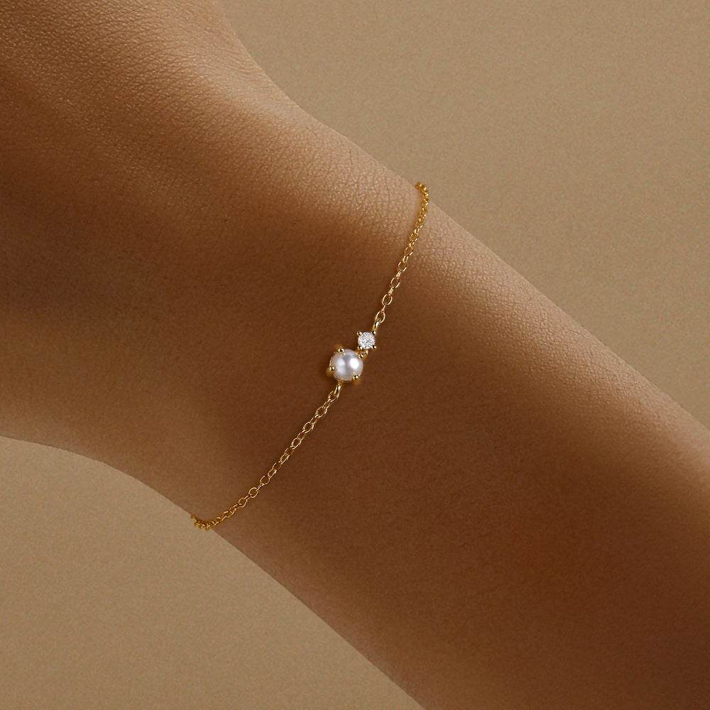 S925 sterling silver daily wear simple women's pearl diamond adjustable bracelet - MOWTE