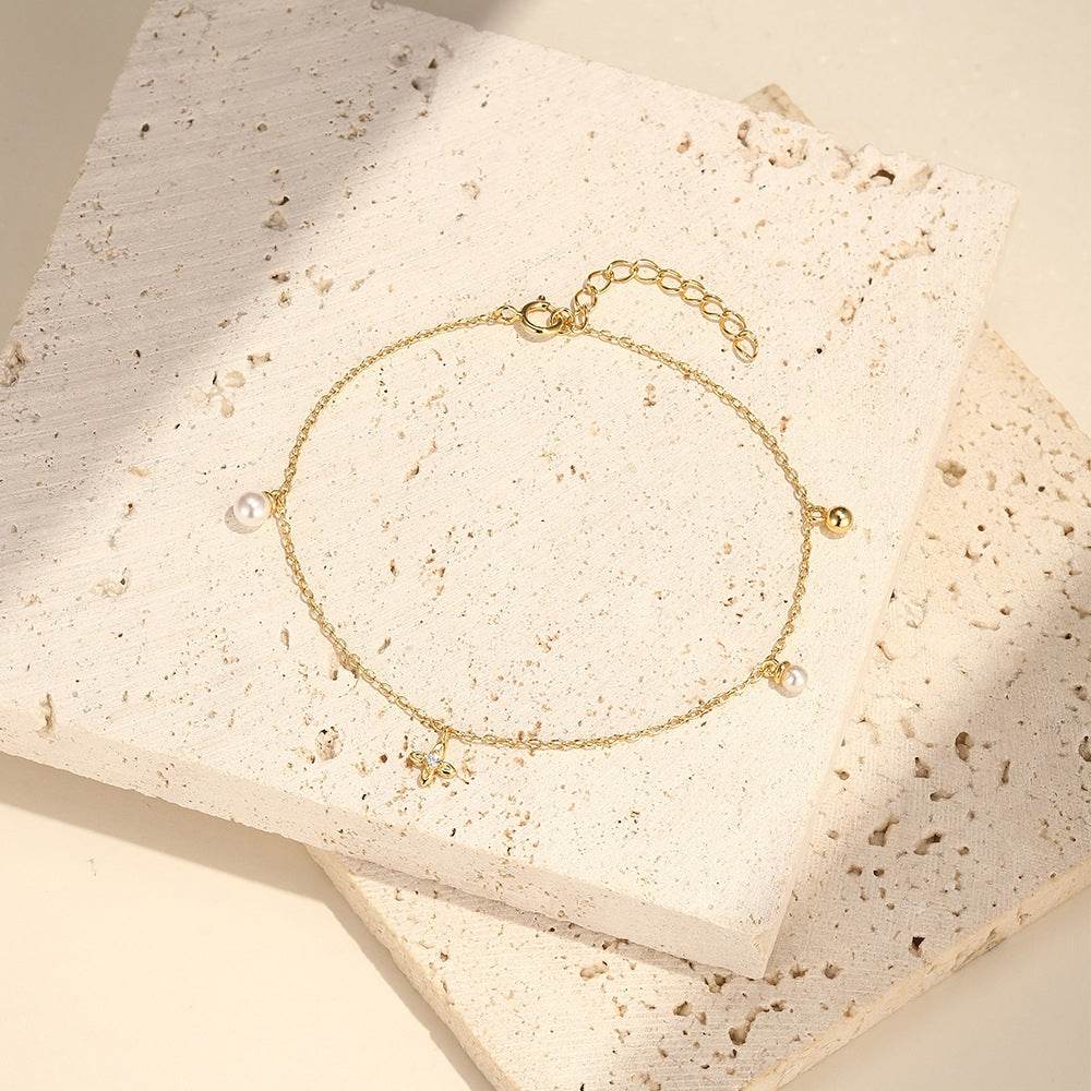 S925 Pure Silver Women's Geometric Diamond Set Pearl Bracelet - MOWTE