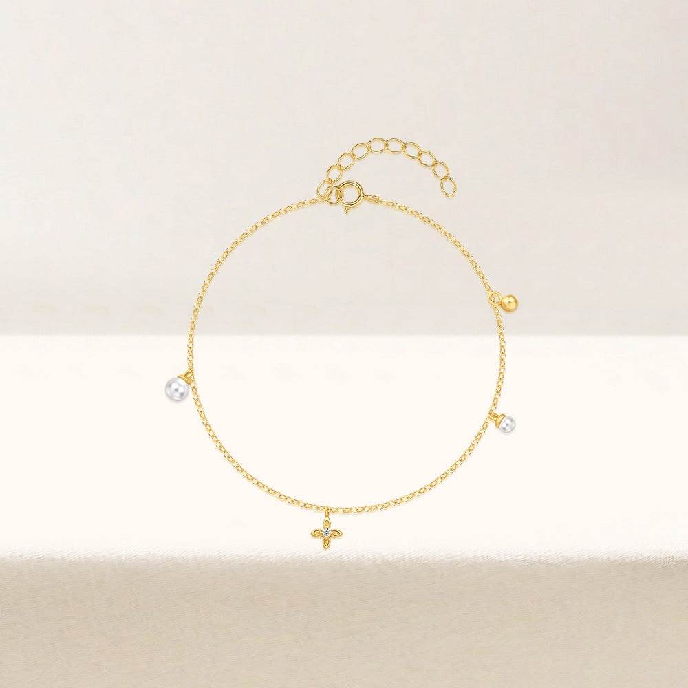 S925 Pure Silver Women's Geometric Diamond Set Pearl Bracelet - MOWTE